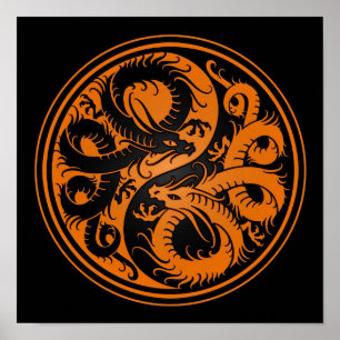 Orange und Black Yin Yang chinesische Drachen Poster