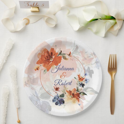 Orange und blaue Aquarell-Herbst-Blumenhochzeit Pappteller (Hochzeit)