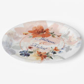 Orange und blaue Aquarell-Herbst-Blumenhochzeit Pappteller (Schrägansicht)