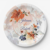 Orange und blaue Aquarell-Herbst-Blumenhochzeit Pappteller (Vorderseite)