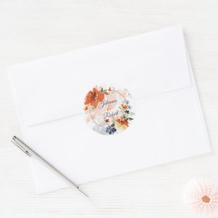 Orange und blaue Aquarell-Herbst-Blumenhochzeit  Runder Aufkleber
