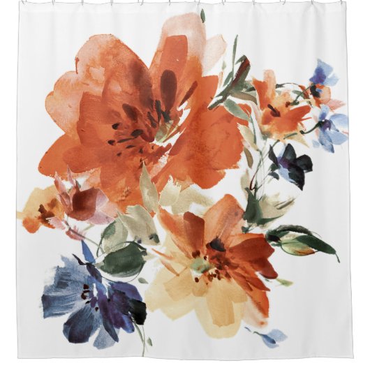 Orange und blaue Aquarellblumen Duschvorhang (Vorderseite)