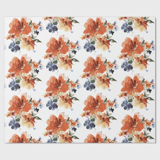 Orange und blaue Aquarellblumen Geschenkpapier (Flach)