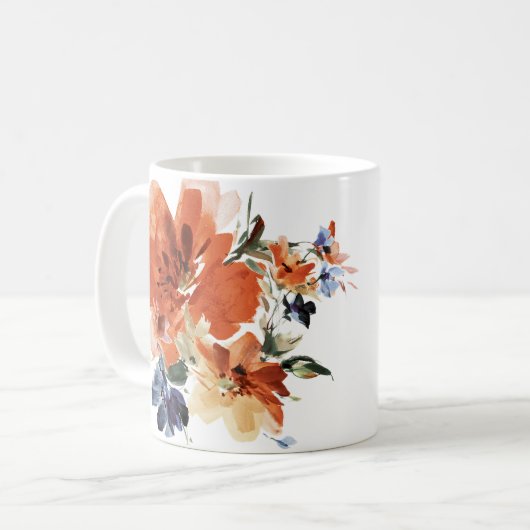 Orange und blaue Aquarellblumen Kaffeetasse (Vorderseite Links)
