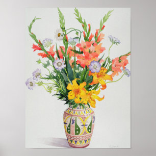 Orange und blaue Blumen in einem marokkanischen Poster