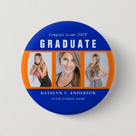 Orange und Blue Abschluss FotoCollage Custom Button (Vorderseite)