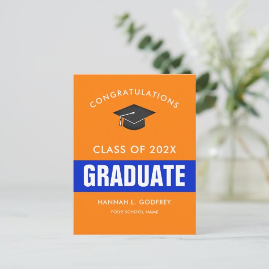 Orange und Blue Abschluss Glückwünsche Postkarte (Stehend Vorderseite)