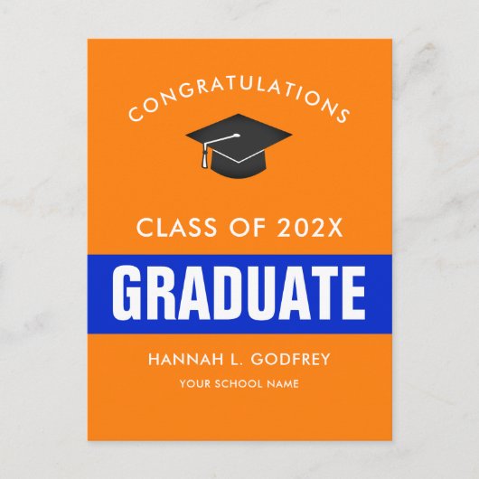 Orange und Blue Abschluss Glückwünsche Postkarte (Vorderseite)