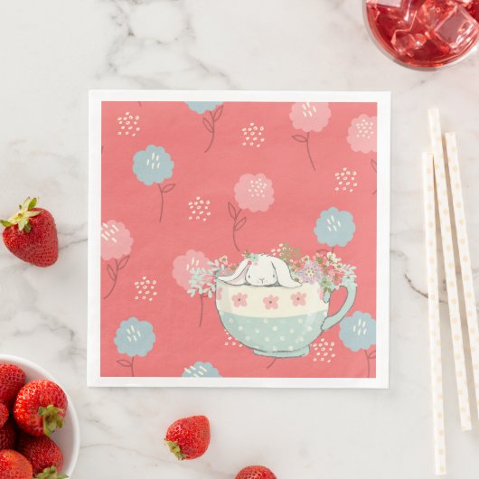 Orange und Blue Bunny in einer Teacup-Blume Serviette (Beispiel)