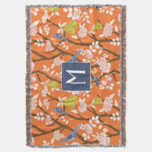Orange und Blue Chinoiserie Birds Monogram Decke (Vorderseite Vertikal)