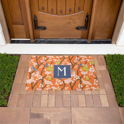 Orange und Blue Chinoiserie Birds Monogram Fußmatte (Außenbereich)