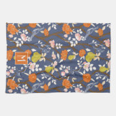 Orange und Blue Chinoiserie Birds Monogram Geschirrtuch (Horizontal)
