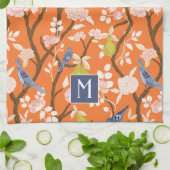 Orange und Blue Chinoiserie Birds Monogram Geschirrtuch (Gefaltet)