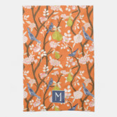 Orange und Blue Chinoiserie Birds Monogram Geschirrtuch (Vertikal)