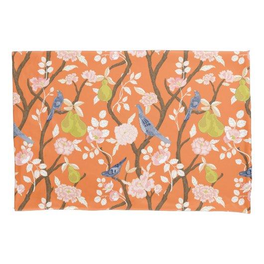 Orange und Blue Chinoiserie Birds Monogram Kissenbezug (Vorderseite)