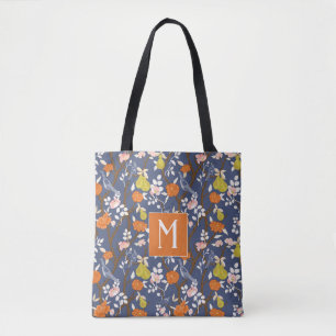 Orange und Blue Chinoiserie Birds Monogram Tasche