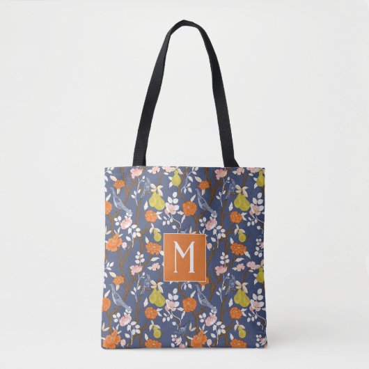 Orange und Blue Chinoiserie Birds Monogram Tasche (Vorderseite)