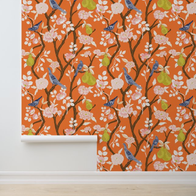 Orange und Blue Chinoiserie Birds Tapete (Anwendung)