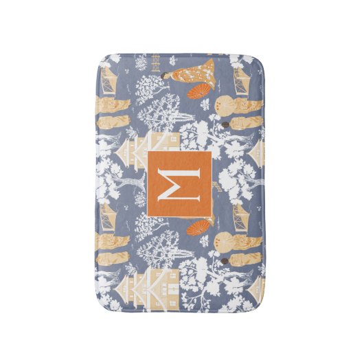 Orange und Blue Chinoiserie Pagodas Monogram Badematte (Vorderseite Vertikal)