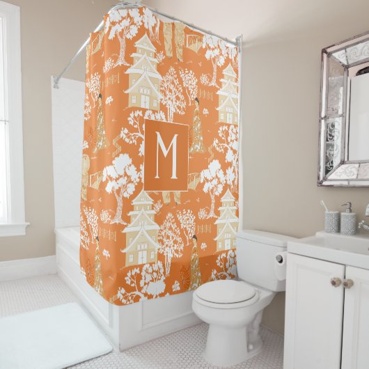 Orange und Blue Chinoiserie Pagodas Monogram Duschvorhang (Beispiel)