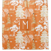 Orange und Blue Chinoiserie Pagodas Monogram Duschvorhang (Vorderseite)