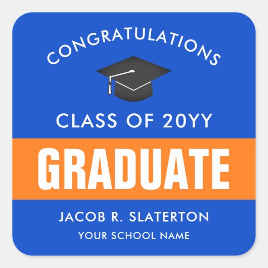 Orange und Blue Custom Abschluss Quadratischer Aufkleber (Vorderseite)