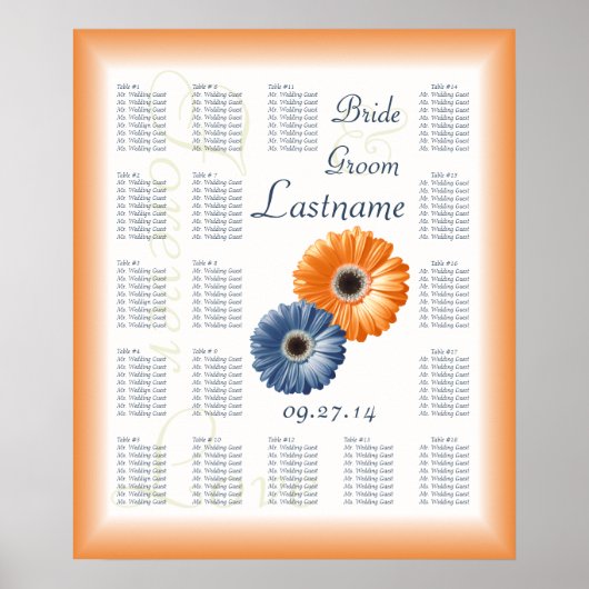 Orange und Blue Daisy Seating Chart Poster (Vorne)