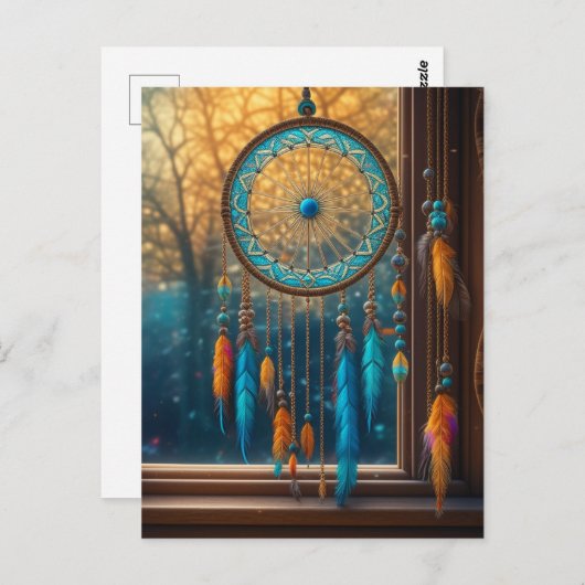 Orange und Blue Dreamcatcher in einem Fenster Postkarte (Vorne/Hinten)