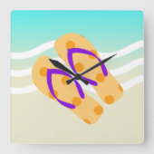 Orange und Blue Summer Beach Waves Flip Flops Quadratische Wanduhr (Vorderseite)