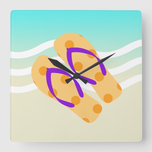 Orange und Blue Summer Beach Waves Flip Flops Quadratische Wanduhr (Vorderseite)