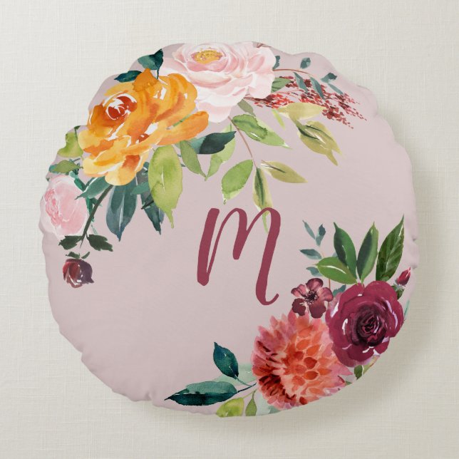 Orange und Burgund Blume in Rosa| Monogramm Rundes Kissen (Vorderseite)