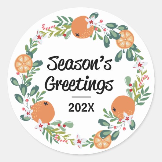 Orange und Candy Cane Season's Greetings Wreath Runder Aufkleber (Vorderseite)