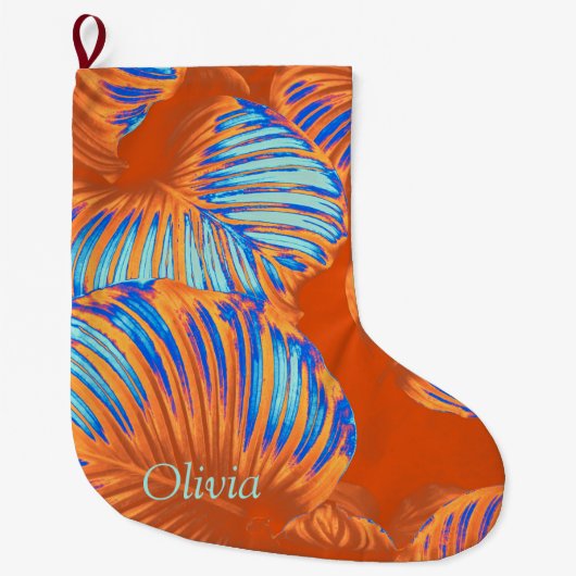 Orange- und Electric Blue Tropical Blätter Großer Weihnachtsstrumpf (Vorderseite)