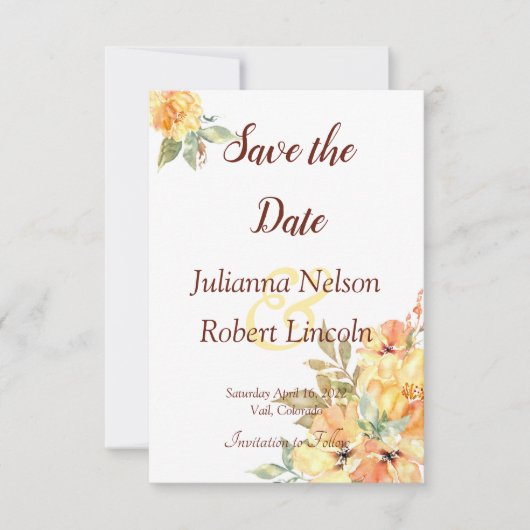Orange und gelbe Aquarellblumen Save the Date Einladung (Vorderseite)