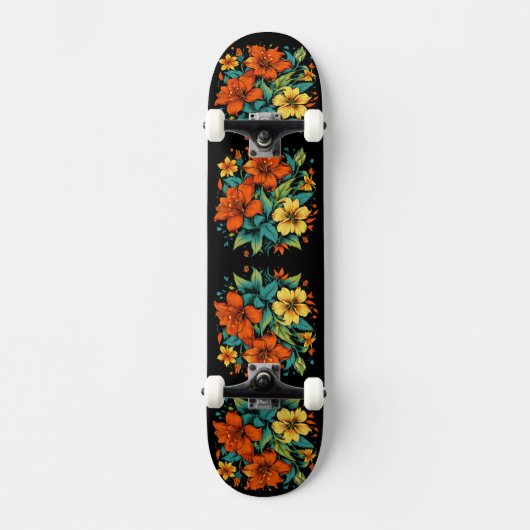 Orange und gelbe Blumen Skateboard (Vorderseite)