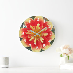 Orange und gelbe Collarette Dahlie Blumen Große Wanduhr