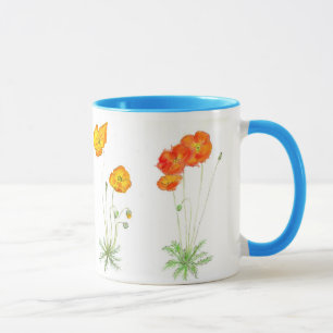 Orange und gelbe Island-Mohnblumen, Wasserfarbe Tasse