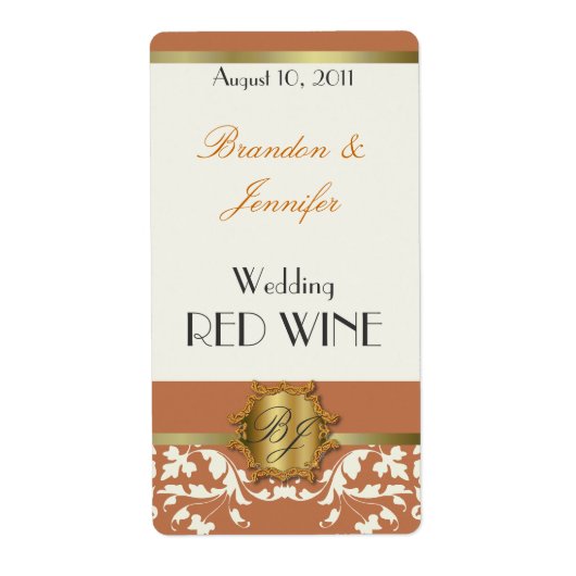 Orange und Gold Monogram Wedding Mini Wine Labels (Vorne)
