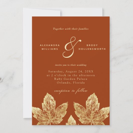 Orange und Gold Rustic Gold Foil Blätter Hochzeit Einladung (Vorderseite)