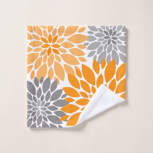 Orange und Grau-Chrysanthemen Blumenmuster Badhandtuch Set (Waschlappen)