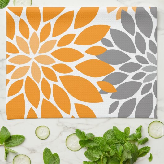 Orange und Grau-Chrysanthemen Blumenmuster Geschirrtuch (Gefaltet)
