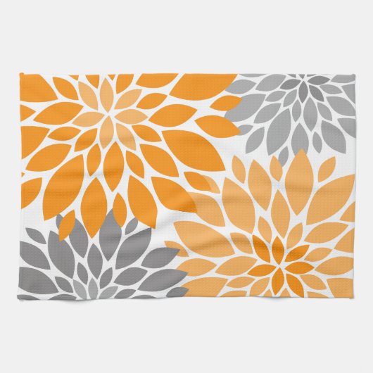 Orange und Grau-Chrysanthemen Blumenmuster Geschirrtuch (Horizontal)