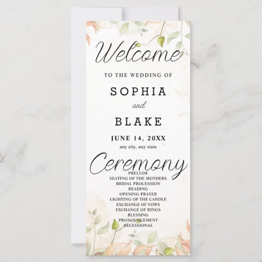 Orange und Green Blätter White Wedding Program (Vorderseite)