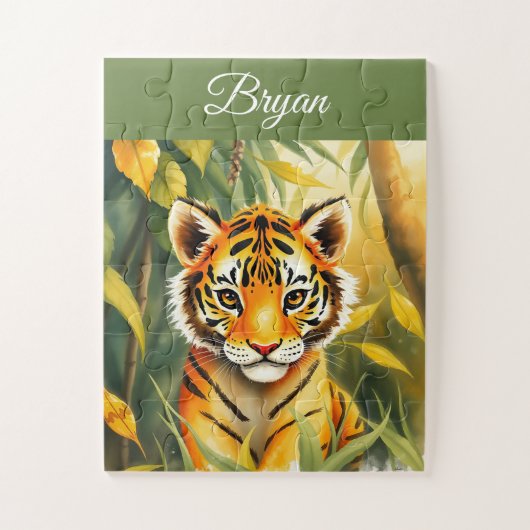 Orange und grüne Niedliche Tiger Name Puzzle (Vertikal)