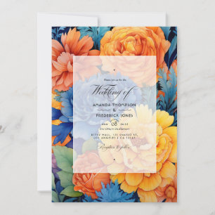 Orange und königsblaue florale Hochzeit Einladung