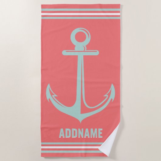 Orange und Light Minze Anchor Individuelle Name Strandtuch (Vorderseite)