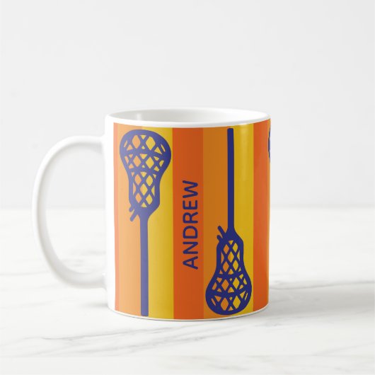 Orange und Lila Retro-Lacrosse-Sticks und -Streife Kaffeetasse (Links)
