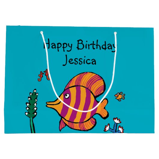 Orange und lila tropische Fische mit Seepferden Große Geschenktüte (Rückseite)