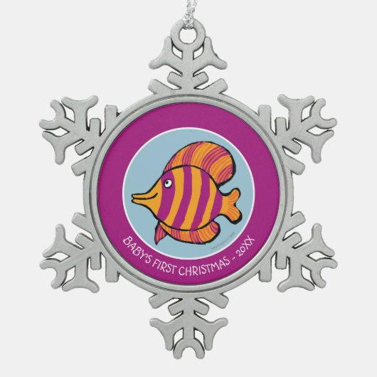 Orange und lila tropische Fische mit Seepferden Schneeflocken Zinn-Ornament (Vorderseite)