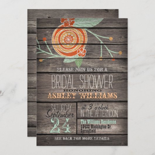 Orange und Minze Grünes rustikales Holz Brautparty Einladung (Vorne/Hinten)